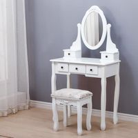 Coiffeuse Table avec 5 tiroirs + miroir + tabouret - Blanc - Contemporain - Design