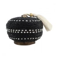 Petite Boîte à Bijoux ronde ø10cm Bambou, Pompon et Perles Noires & Blanches Noir & Blanc