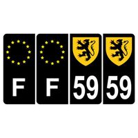 Lot de 4 Autocollants Sticker Plaque d'immatriculation Voiture 59 Blason des Flandres Noir Logo Couleur & F Europe