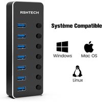 RSHTECH Aluminium USB Hub 3.0 à 7 Ports avec Alimentation Externe