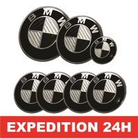 ZISONIX KIT 7 Badge LOGO Embleme BMW Carbone Noir Gris Capot + Coffre 82mm +Volant + 4 centre de roue
