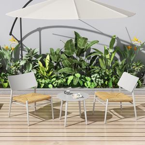 Ensemble table et chaise de jardin Salon de jardin avec 2 chaises et 1 table basse, coussin en paille de rotin PE, protection UV, blanc et naturel