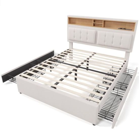 Lit Double 160x200 Avec LED Et Tiroirs - Cadre Lit Adulte Multiprise USB, Tête De Lit Ajustable Gris