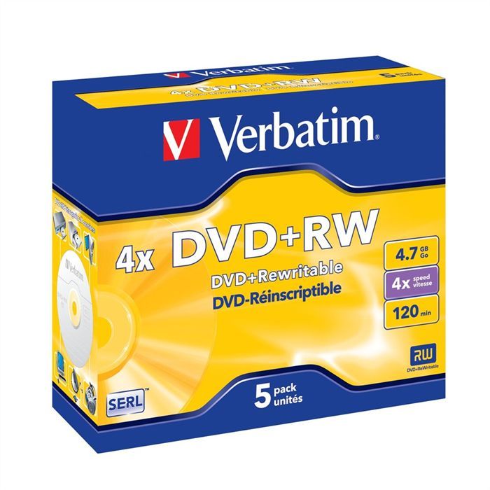 DVD+RW VERBATIM 4x 4.7 Go Boitier cristal Pack de 5