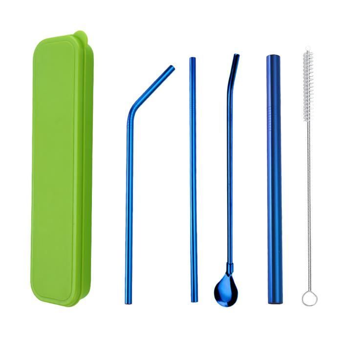 Ensemble de paille en acier inoxydable 304 coloré Ensemble de 4 pièces de paille bleue en boîte verte