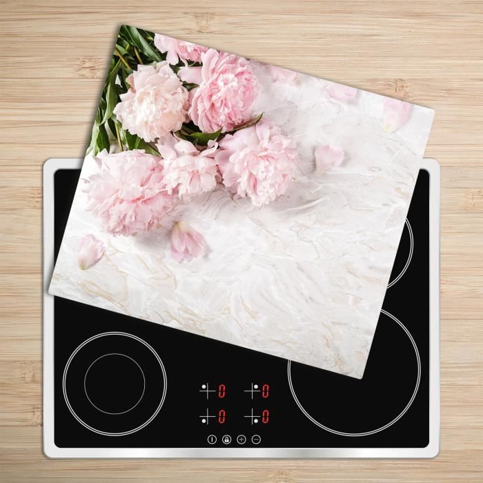 Tulup Glass Planche à découper avec couvercle protecteur pour cuisine résistant chaleur 60x52 cm - „Pivoines”
