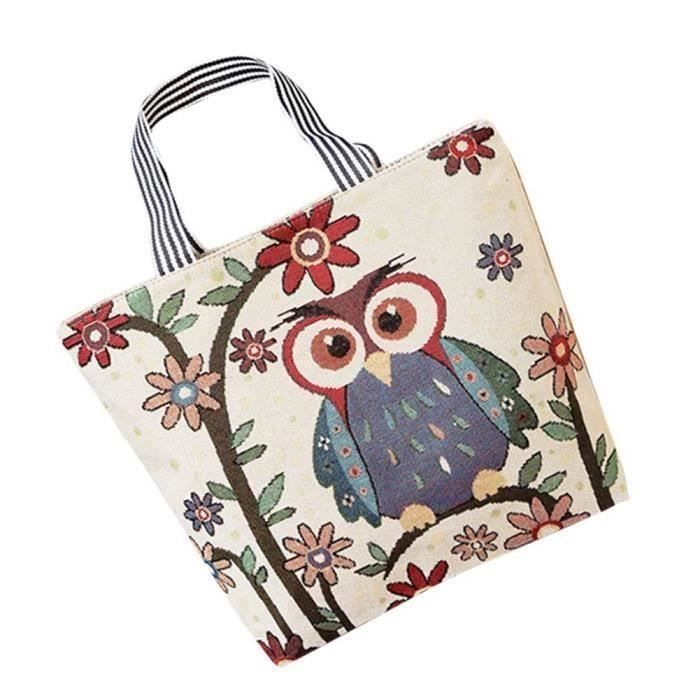 Cabas de Courses Sac fourre-Tout Hibou Broderie Sac à Main en Toile Portes Epaule Bandoulière Simple Vogue Sac à