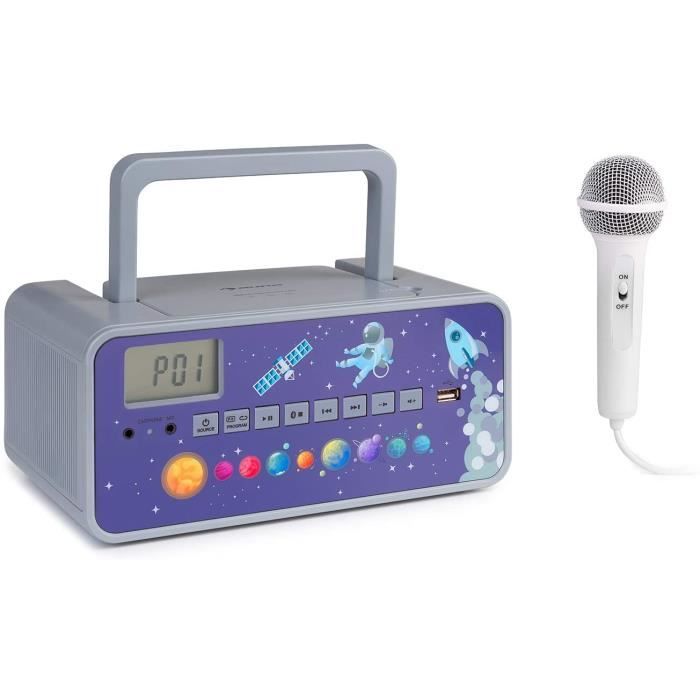 Kidsbox - Boombox CD, Lecteur CD, Micro Portable, Bluetooth, Port USB, écran LCD, sur Piles/Secteur, Prise Casque 3,5 mm - Gris Espa