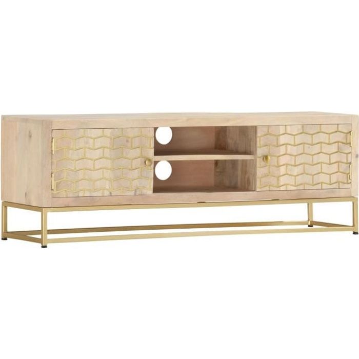 FAS Meuble TV Doré 120 x 30 x 40 cm Bois massif de manguier