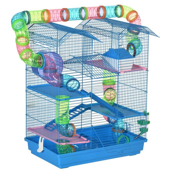 Cage pour Hamster Souris Petit Animaux Rongeur avec Tunnel Mangeoire Roue Jouet 47 x 30 x 59 cm cm Bleu 47x30x59cm