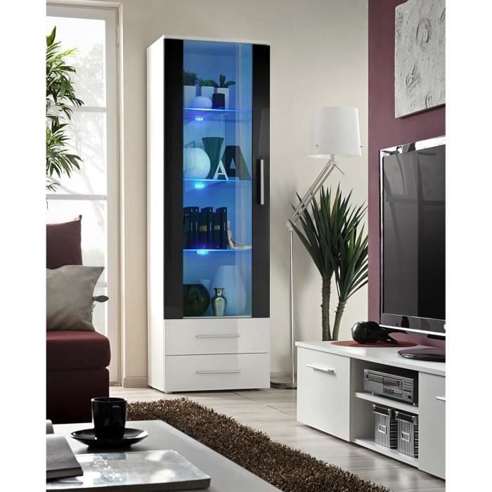 Vitrine NEO 1 design, coloris blanc et noir brillant + LED. Meuble moderne et tendance pour votre salon. 40 Blanc