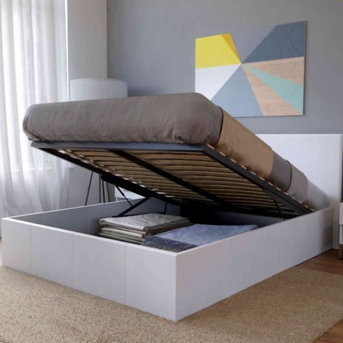 Lit coffre en métal avec revêtement simili cuir blanc 160x200 - LT14020