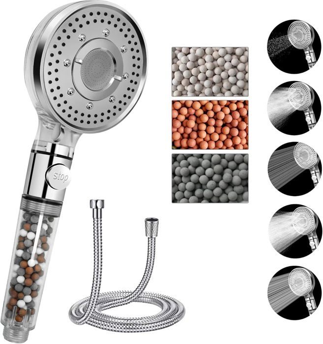 Pomme De Douche Avec Filtre 3 En 1 - Douchette Massage Haute Pression, Flexible 1.5m, 4 Types De Jets
