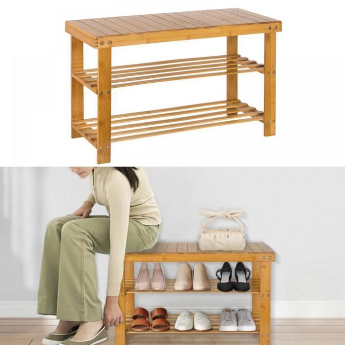 JEOBEST Banc étagère à chaussures Meuble de chaussures en bambou pour entrée chambre salle de bain 70*27*42cm