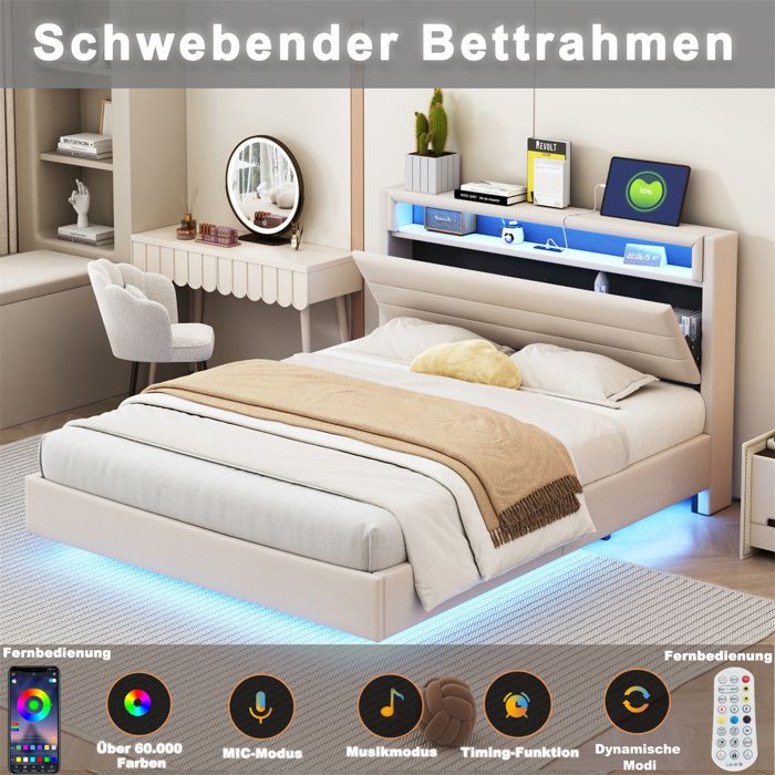Lit 160x200 avec Sommier LED et Prise USB - Lit Double pour Adulte et Adolescents - Tête de Lit avec Espace de Rangement - Beige