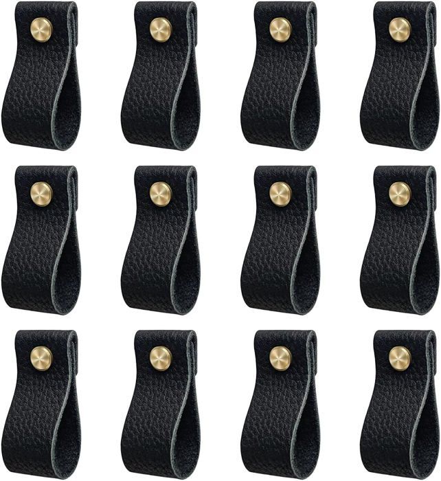 Lot de 12 poignées de meuble en cuir avec écrous à vis bouton de porte de commode à tiroir darmoire anti-collision noir