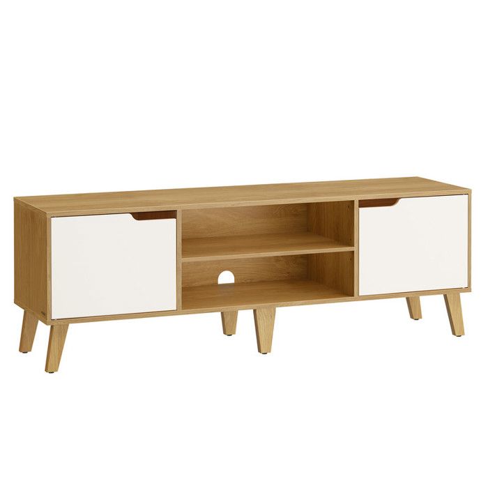 Meuble TV Support Télé avec Étagère Réglable pour Télévision jusquà 65 Pouces Longueur 147 cm Couleur Chêne Naturel et Blanc