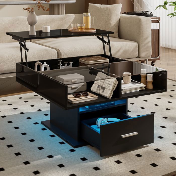 Table Basse Relevable - TANANT - LED - Noir - Rectangulaire - Espace de rangement intégré