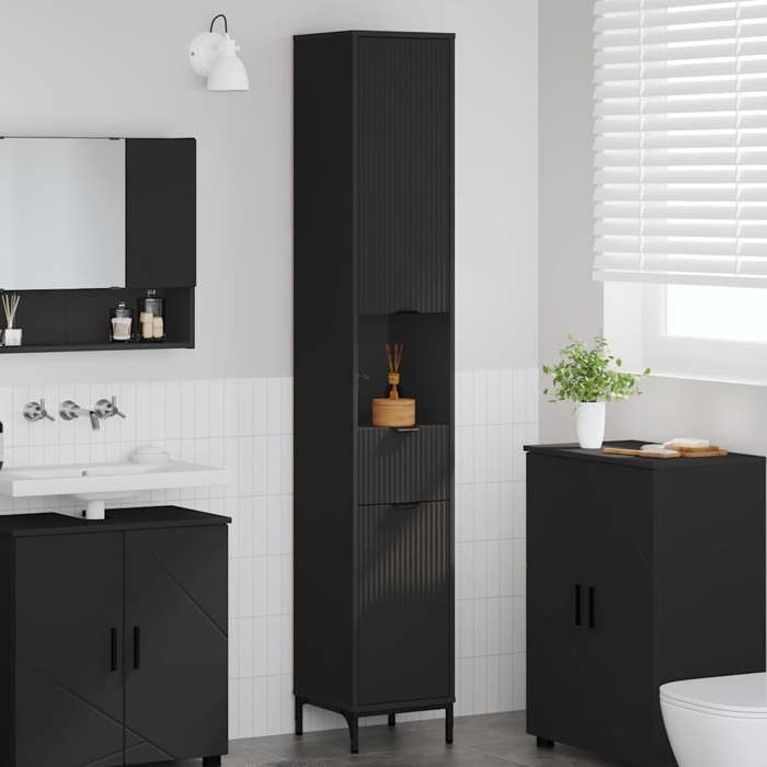 Moderne Meuble de salle de bain - Meuble/Colonne Salle de Bain - haut avec porte Noir 31.5 x 33 x 190 cm@FR(16497）