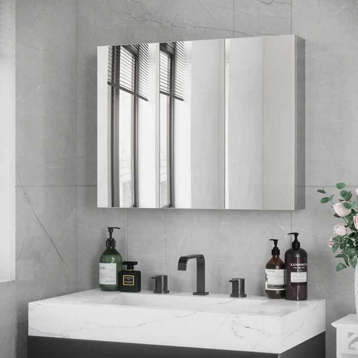 Armoire salle de bain miroir 3 portes vitrées 5 étagères acier inoxydable argent 70x12x55 cm pour rangement moderne