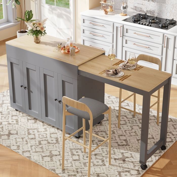 Buffet Mobile avec Table à Manger Extensible Moderne - MERAX - Îlot de Cuisine Central sur Roulettes 118-180×50×94 cm Gris