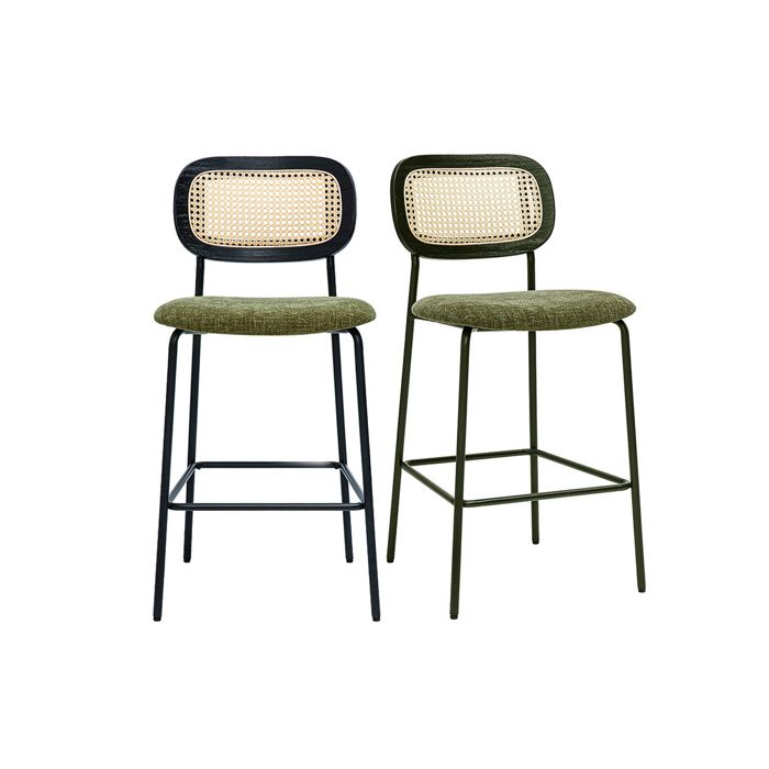 Miliboo - Tabourets design en tissu effet velours texturé vert kaki métal noir et cannage rotin (lot de 2) MIRANDA Miliboo - Tabourets design en tissu effet velours texturé vert kaki métal noir et cannage rotin (lot de 2) MIRANDA