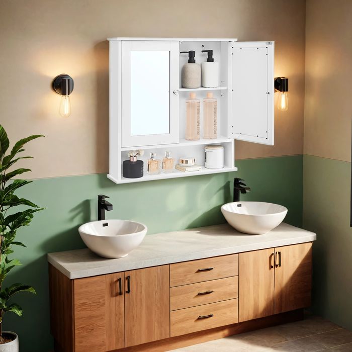 Armoire de salle de bain - Miroir - 2 portes - Étagère réglable - Compartiment ouvert - Blanc