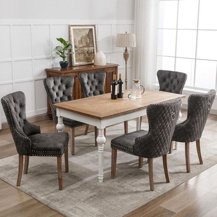 Lot de 6 chaises rembourrée avec garniture cloutée Chaise de salle à manger avec pieds en bois massif Gris Velours