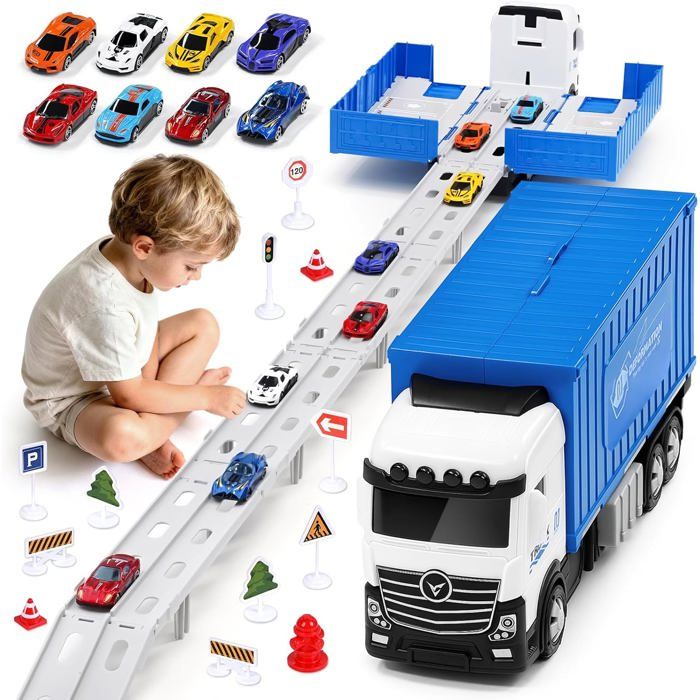 Transport Truck - Voiture jouet pour garçons âgés de 3, 4, 5, 6 ans - Portable - Avec 8 voitures de course - Véhicule de transport - Pour enfants - Rouge