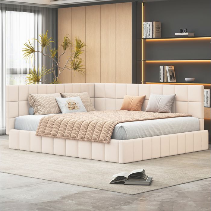 Lit de jour rembourre 160 x 200 cm EVRYAE avec sommier a lattes dossier reversible convertible sofa beige