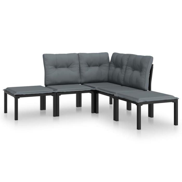 Salon de jardin résine tressée - BURKE - 5 pièces - Noir et gris - Résine tressée - Modulaire - Coussins rembourrés
