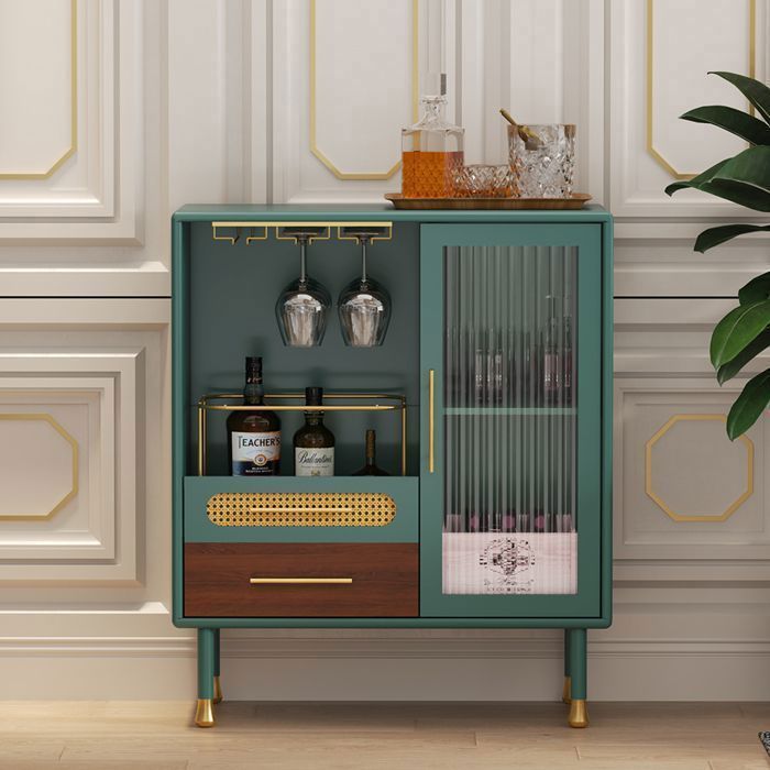 Meuble bar - HOLTICO - Buffet bar style français moderne avec porte-verres casier à bouteilles coulissant - 94 x 80 x 38 cm - Vert
