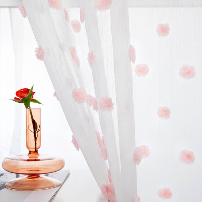 Rideaux Voilage pour Chambre denfant Fille Draperies Voile avec Oeillet Pompons Brodé DesignL140xH175cmRose2PCs