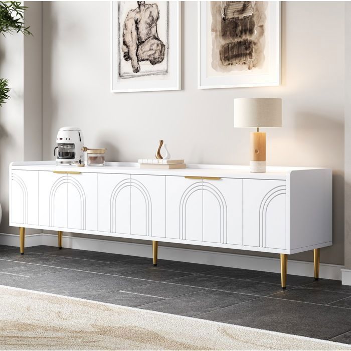 Meuble TV blanc L 170 x P 35 x H 475 cm portes 3D pieds métal doré passe-câbles montage nécessaire