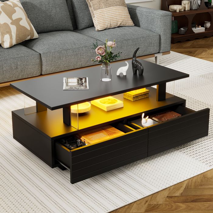 Table Basse Moderne avec LED Meuble de Salon à Double Niveau avec Tiroirs Acrylique Noir 100×50×42 5 cm