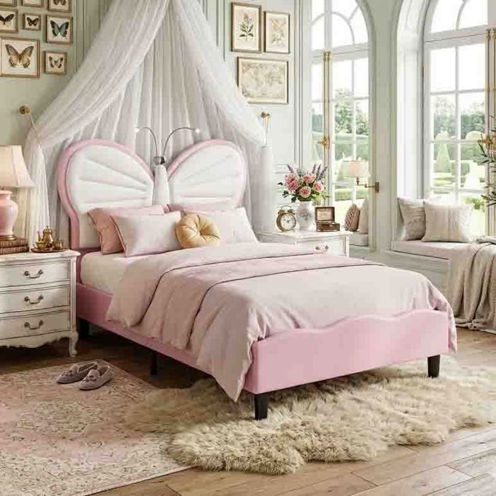 Lit Enfant 90x190 - Forme Papillon - Liseuses LED - Tête Réglable - Velours Rose et Blanc