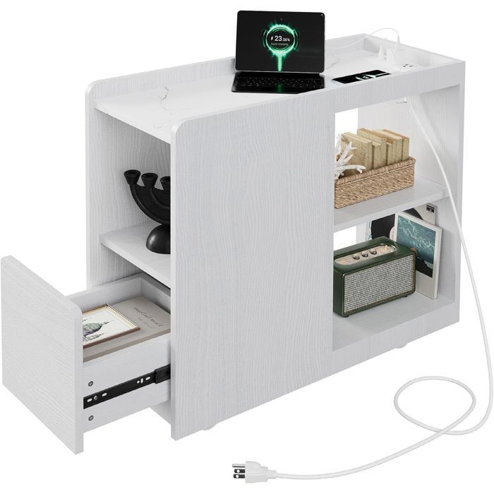 Table de chevetTable de nuit avec station de chargetable dappoint avec tiroir2 prises électriquesports USB et USB-Cblanc