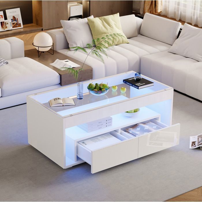 Table basse blanche brillante avec LED verre trempé et 2 tiroirs