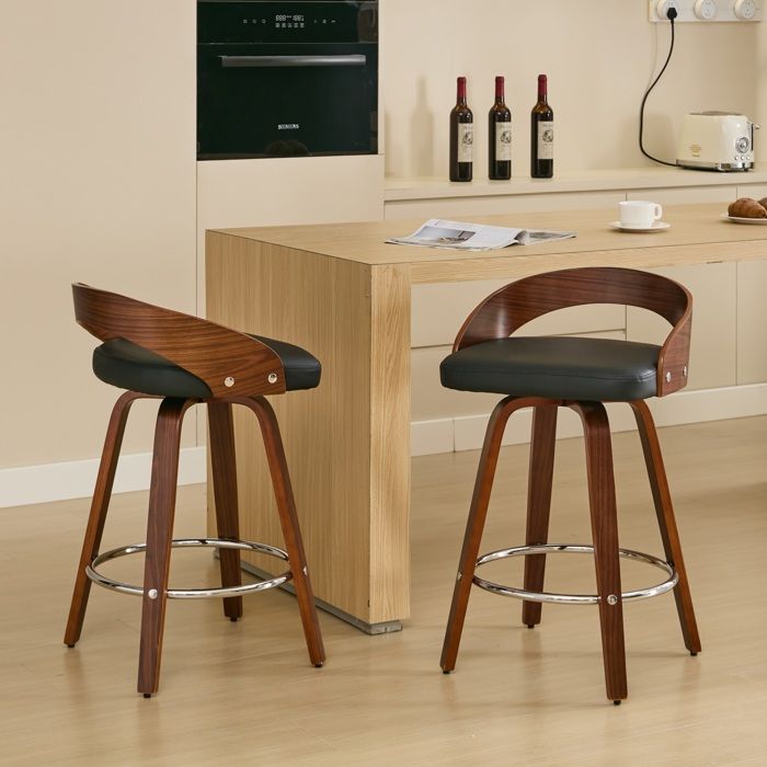 Tabouret de bar 2 pièces pivotant dossier bas 63 cm siège rembourré bois noir Tabouret de bar 2 pièces pivotant dossier bas 63 cm siège rembourré bois noir