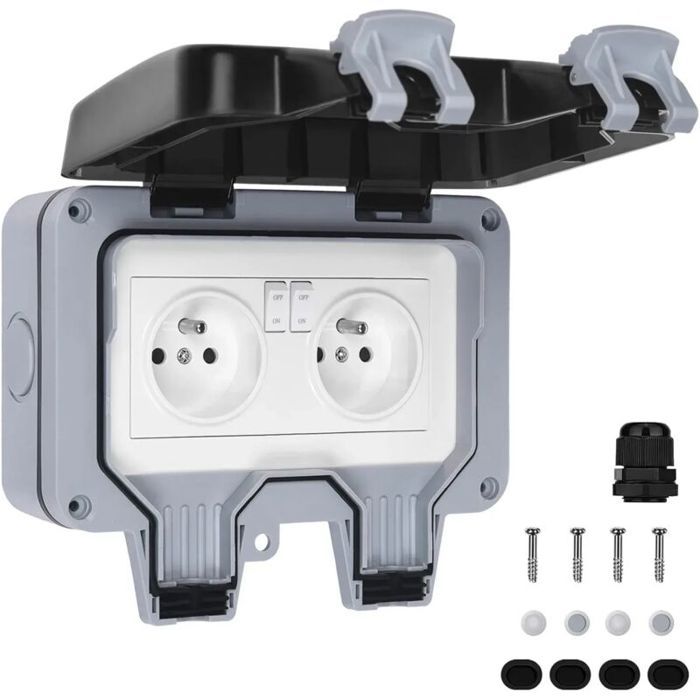 Prise étanche extérieure IP66 16A double avec interrupteur grise