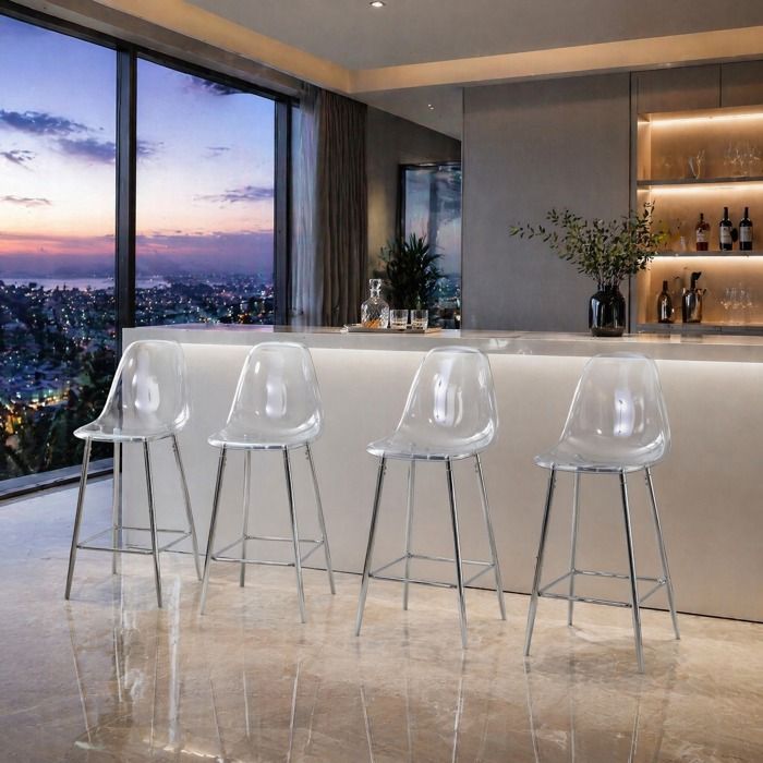 Tabouret de bar transparent lot de 4 - TCQPZ - structure métallique argentée pour cuisine et salle à manger