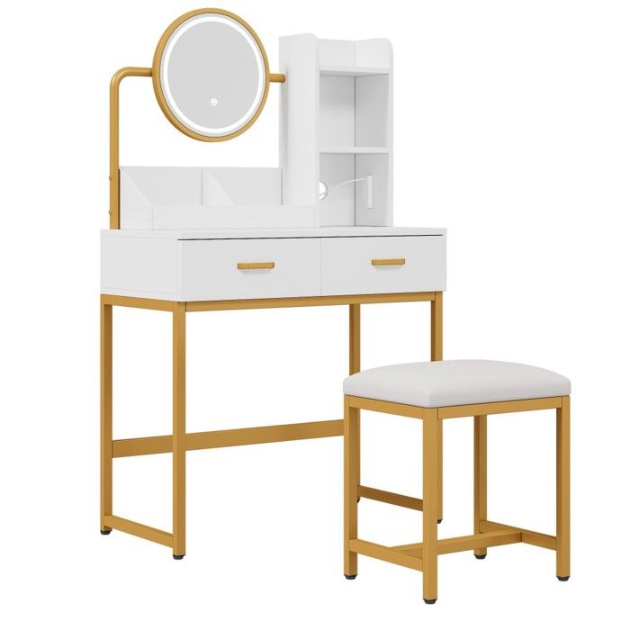 Coiffeuse Moderne 80x40x138.5cm LED Miroir Pivotant Prises Tabouret Pieds Dorés 2 Tiroirs 2 Étagères Blanche. Coiffeuse Moderne 80x40x138.5cm LED Miroir Pivotant Prises Tabouret Pieds Dorés 2 Tiroirs 2 Étagères Blanche.