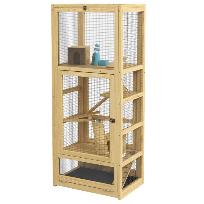 LIA Cage hamsters bois 5 niveaux échelle niche balançoire naturel 54x38x131cm