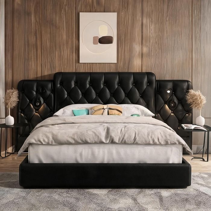 Sommier avec grand tête de lit en simili cuir deep black 160x200 cm coffre et USB