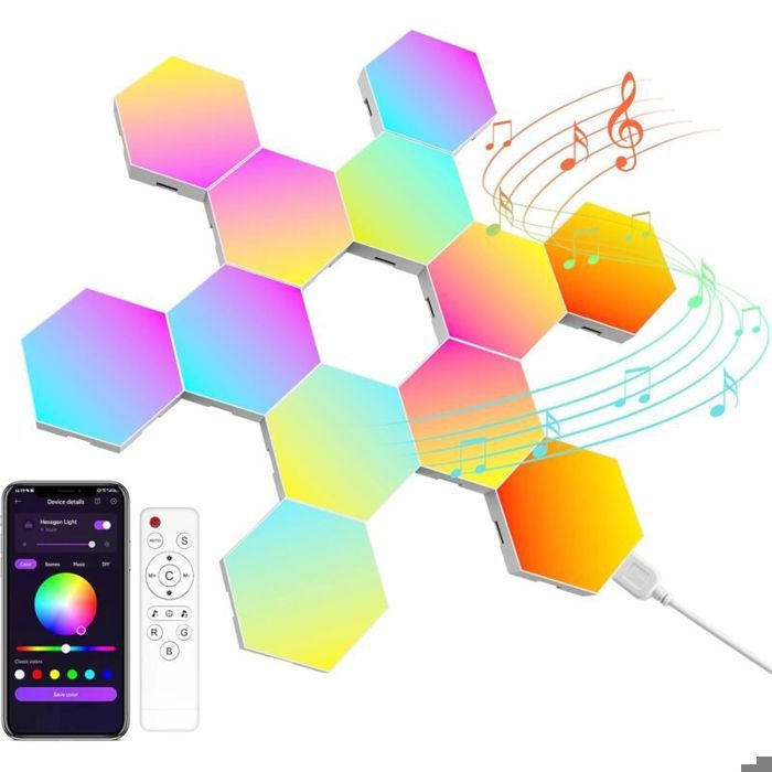 Panneau LED Hexagonal Gaming Murale Lampe— 12pcs Smart Music Sync Deco Modulaires RGB Lights App&Télécommande Contrôle Gaming Setup