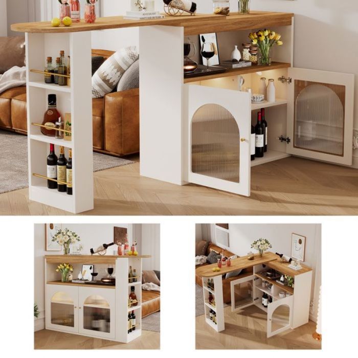 Table Haute Extensible Table de Bar avec LED et Rangement Meuble Moderne Pivotant pour Salle à Manger 138 193×39×1 MANGE-DEBOUT