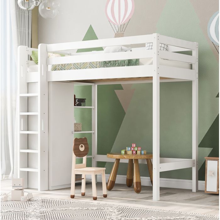 MEULVA Lit mezzanine enfant 90 x 200 cm blanc avec armoire intégrée 6 rangements et sommier à lattes