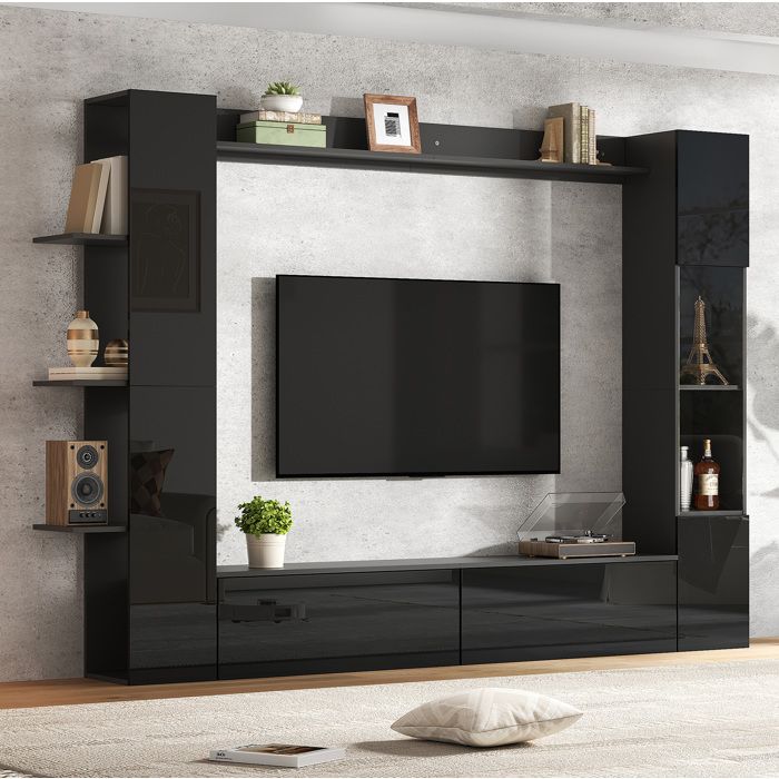 Ensemble meuble TV mural 4 pièces noir brillant 245 x 30 x 170 cm avec vitrine acrylique et étagères