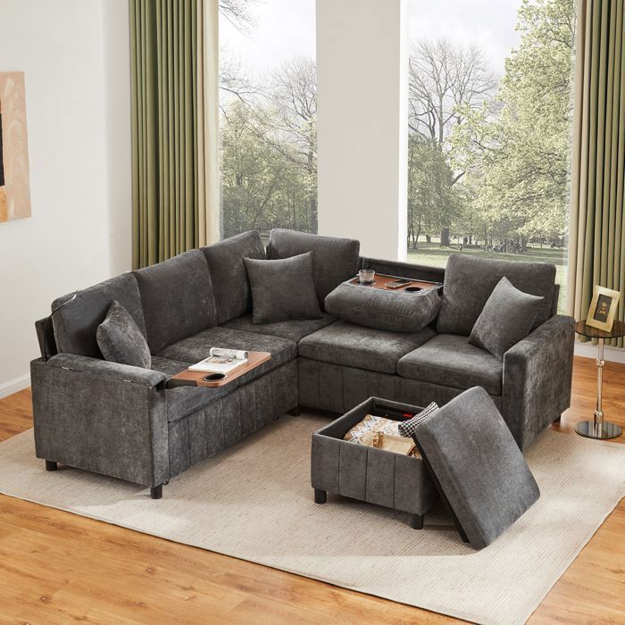 Canapé-lit dangle 4 places 205x205x85 cm en chenille avec pouf coffre lampe USB/USB-C et table rabattable à porte-gobelets - Gris