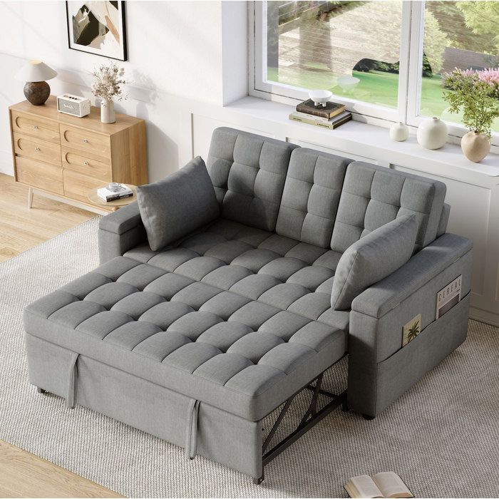 Canapé convertible 2 places avec rangement dossier réglable tissu gris accoudoirs et coussins inclus ORVRYN